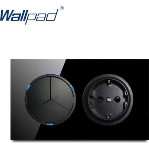 Wallpad 3 Gang 2 Way With EU German Socket Push Button Wall Light Switch With LED Indicator Crystal Glass Panel 146*86mm