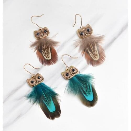 New models Mini Drop Earrings Metal Animal Owl Feather Rhinestone Danglers Ethnic Bohemian Earrings for girl women Jewelry