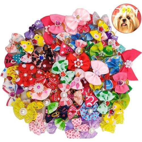 20 pieces Cute Ribbon Pet Hair Bows Elastic Rubber Band Dog Hair Accessories Cat Hair Flower Pet Photo Props Christmas Gift