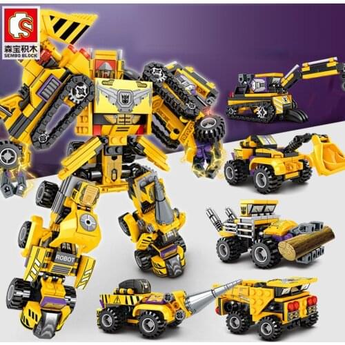 6 in 1 Transformation Robot Building Block City Vehicle Engineering Excavator truck Racing car Bricks Construction toys