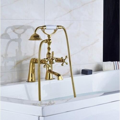 Luxury Polished Bathroom Gold Color Brass Deck Mounted Clawfoot Tub Filler Faucet Tap Handshower Double Cross Handles atf086