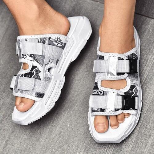 Mens Summer Sandals Thick Bottomed Open Toe Printed One Line Sandals Fashionable Breathable Antiskid Beach Slippers