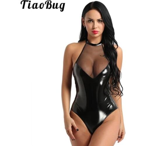 TiaoBug Women One-piece Black Faux Leather Mesh Patchwork Leotard Halter High Cut Monokini Swimsuit Club Party Sexy Bodysuit