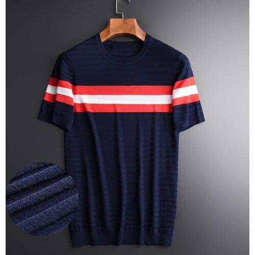 Knitted Mens Luxury Stripe Fabric Short Sleeve Men T-shirts Plus Size 3xl 4xl Summer Round Collar Soft Man Tee