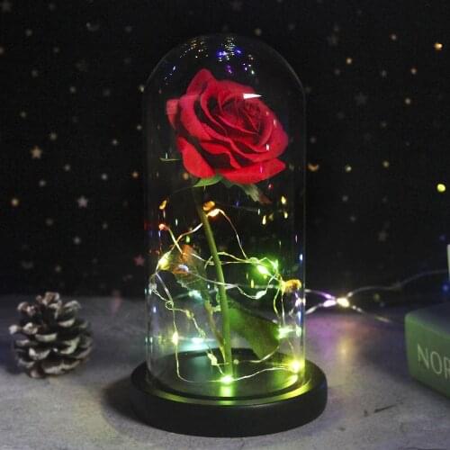 Beauty and The Beast LED Rose Eternal 24K Gold Foil Flower With Fairy String Lights In Dome For Christmas Valentines Day Gift