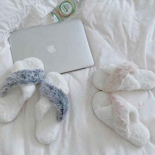 High Quality Slippers Nordic Style Grey Slippers Girl Flip Flop Cross Fur Home Slippers Home Floor Non-slip Cartoon Slippers