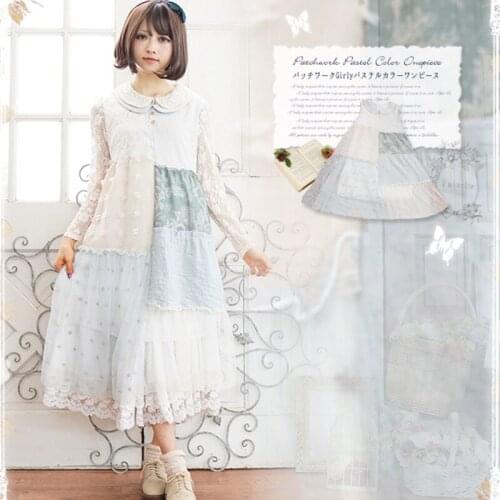 Japanese Mori Girl Patchwork Dress Women Peter Pan Collar Sleeveless Lace Floral Embroidery Mesh Female Kawaii Tank Dress A213