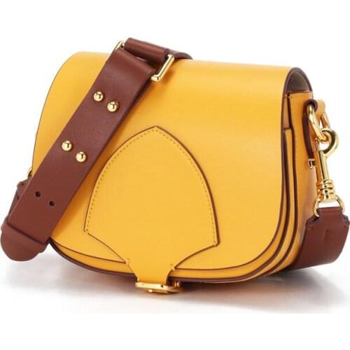 100%Genuine Leather Women Saddle Bag Small Lady Handbags Solid Casual Crossbody Bag Female Shoulder Handbag Yellow