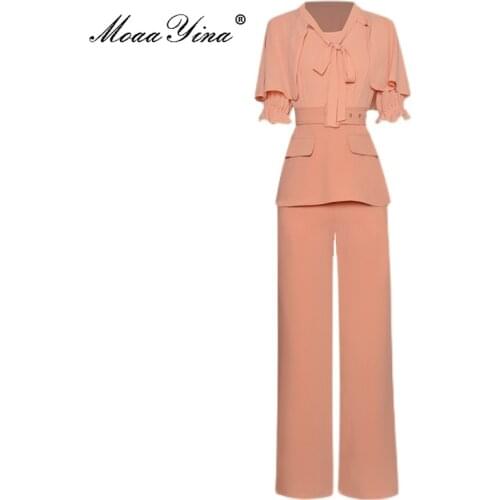 MoaaYina New 2021 Summer Set Women Cloak O-neck Short-sleeve Sashes Slim Top＋Stretch Wide-leg Trousers Fashion three-piece suit