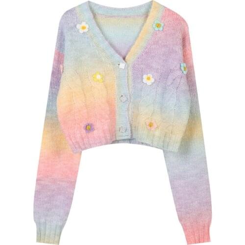 Women Sweater Cardigan Sweet 3D Flower Embroidered Long Sleeve Jacket Harajuku Gradient Rainbow Cable Knit Cropped Coat