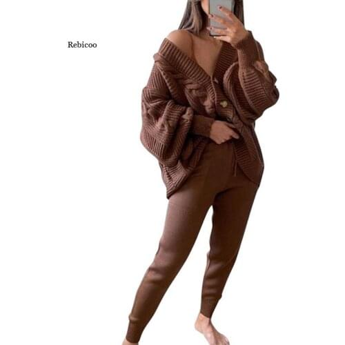 Womens 2 Piece Set Knitted Tracksuit Women V Neck Cardigan Sweater and Elastic Pants Knitting Suit 2021 New Autumn Winter