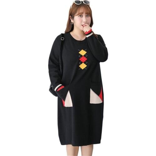 2021 Oversize Knit Dress Autumn Winter Bottoming Sweater Women Printed Pullover O-Collar Long Sleeve Dresses Plus Size KW1091