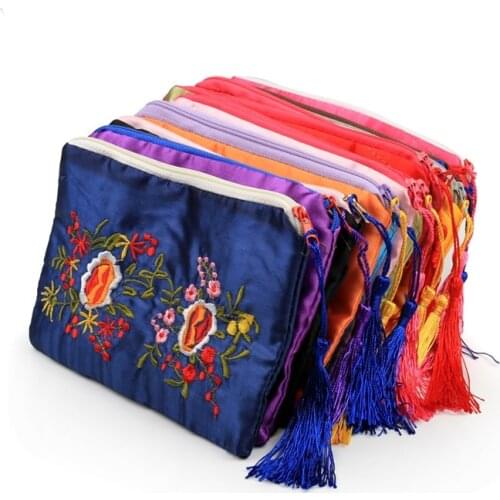 10pcs Tassel Embroidery Small Zip Coin Purse Gift Pouches Chinese Silk Satin Wedding Party Favor Jewelry Packaging Bags