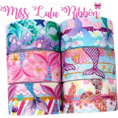 16mm-75mm Cartoon Mermaid Tail Series Colorful Bubble Starfish Shell Printed Grosgrain/Elastic Ribbon DIY Hair Band 50yards/roll