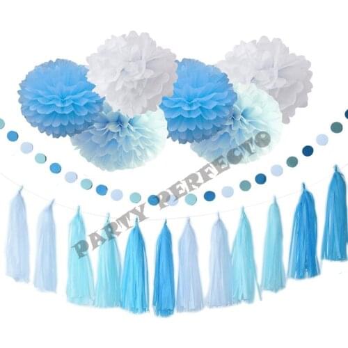 26xNew mixed size Baby Blue blue White asst tissue paper bunting pom poms wedding party wall hanging decorative banner garland