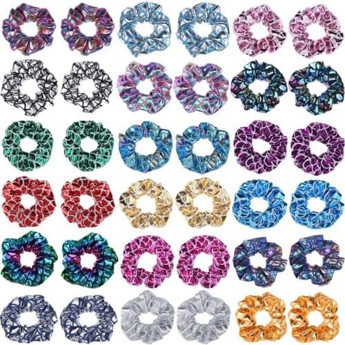 7pcs Shiny Mermaid Print Metallic Fabric Girls Ponytail Holder Women Elastic Hair Ties Ladies Hair Scrunchies Headwear Decor