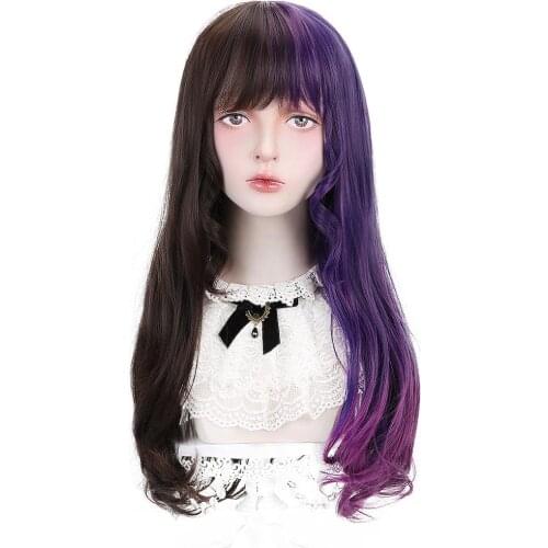 Free Beauty Long Straight Synthetic Natural Black Ombre Purple Baby Pink Hair Wig with Korean Air Bangs for Japan Lolita Cosplay