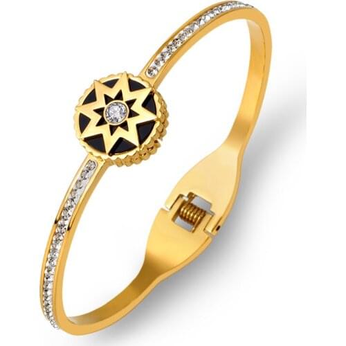 Luxury Anise Star Zirconia Crystals Cuff Bangles & Bracelets Women Jewelry Titanium Steel Black Gold Open Bangles Men Pulseiras