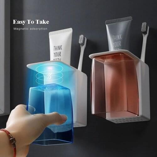 Toothbrush Holder Bathroom Accessories Plastic Cup Set Magnetic Suction Wall-mounted Toothbrushing Cup Bathroom Storage