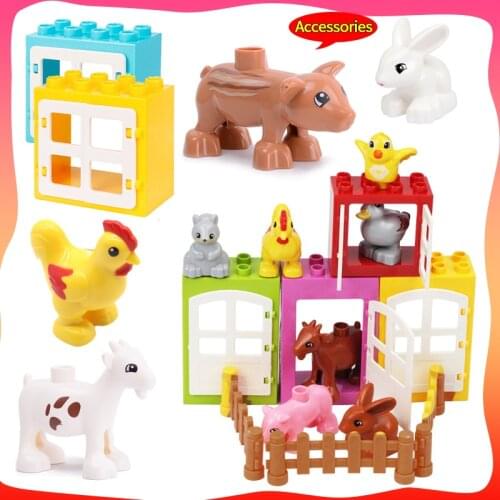Farm Animals Rabbit Chicken Duck Sheep Bricks Window Fence Door Frame Accessories Big Size Building Blocks Toys for Children