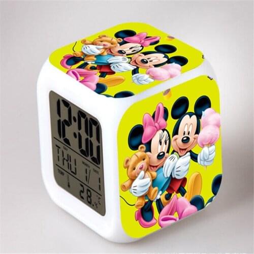 Disney LED Night Light Mickey Minnie Mouse Alarm Clock Cartoon 7 Color Glowing LED Digital Alarm Clock Kids Gifts Wake Up Light
