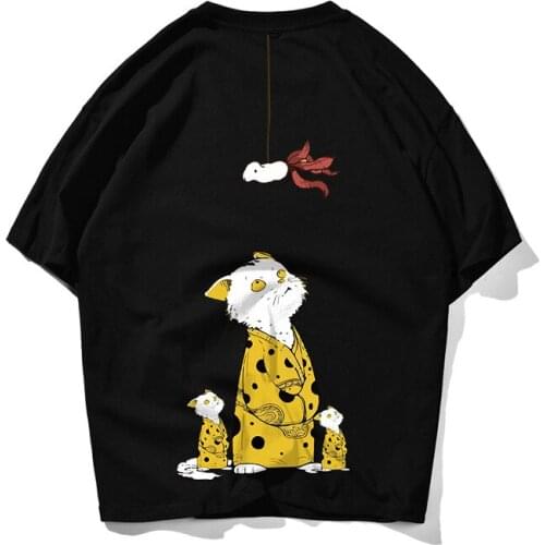 Japanese Style High Street Mens T-shirt Summer New Cat Print Couple Wild Cotton Loose Oversized Short-sleeved Trend Leisure
