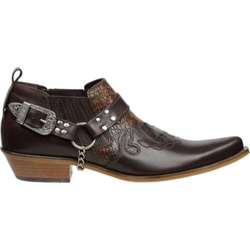 FootCourt- Brown Cowboy Boots For Men Vintage Boots Motorcycle Boots Western Ankle Boots Genuine Leather Embossed Shoes Handmade