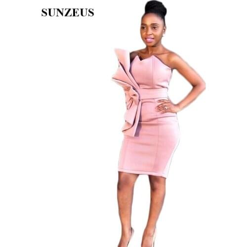 Knee Length Short Cocktail Dresses Sweetheart Pink Jersey African Girls Night Party Gowns Back Slit Bow Waist Prom Gowns SC01
