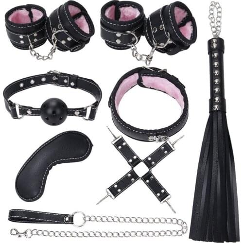 8PCS PU Leather BDSM Bondage Restraints Set Kit Ankle Hand Cuffs Whip Blindfold Gag Neck Collar Leash Erotic Sex Toys Adult Game