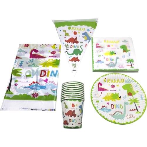 51PCS Dinosaur Theme Tableware Set Birthday Party Napkins Flags Baby Shower Tablecloth Plates Cups Decoration Boys Favors Dishes