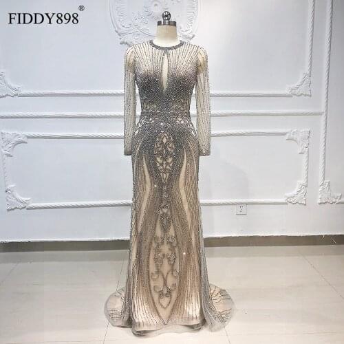 Stock Luxury Mermaid Evening Dress Long Sleeves Handmade Beaded Prom Dress Dubai Formal Dress Party Gown Vestidos de Fiesta