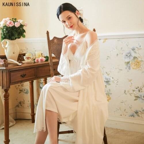 Elegant Retro Robe Women Sexy Robe set Lace Long Gowns Nightgown Lady Two Pieces Cotton Robe Nightdress Suits Bride Sleepwear