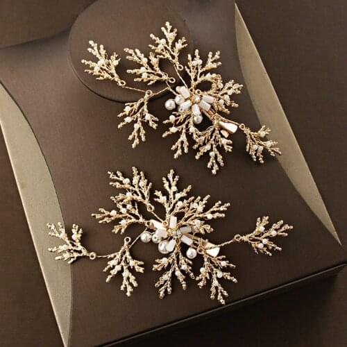 New Arrival Handmade Pearl Crystal Hair Clip Gold Leaf Bridal Headdress