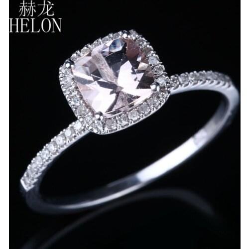 HELON Solid 14K 585 White Gold Cushion Cut 1.1ct Morganite Diamond Engagement Wedding Ring Fine Jewely Elegant Unique Women Gift