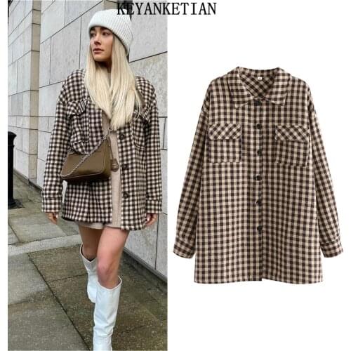 KEYANKETIAN autumn and winter womens retro shirt brushed plaid literary jacket oversized top chic girl sale boyfriend style top