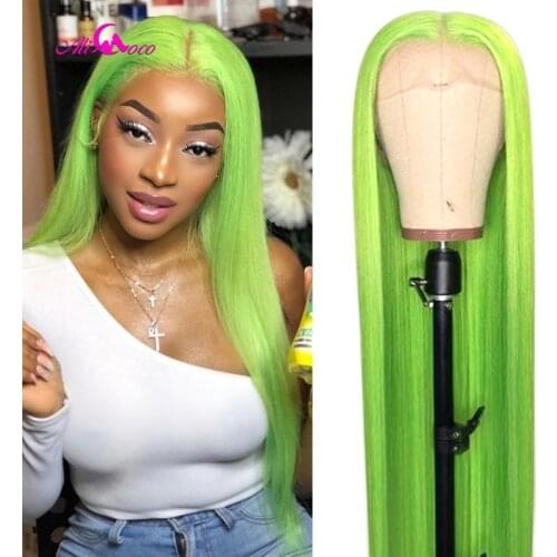 Ali Coco Transparent 13x4 Human Hair Wigs Green Coloful Brazilian Straight Lace Front Wig Pre Plucked Remy Human Hair Wig