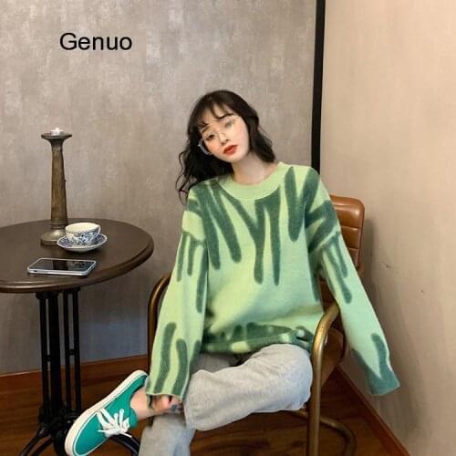 Elegant Green Striped Print Oversized Pullovers Women Winter O-Neck Loose Long Sweaters Streetwear Warm Outerwear