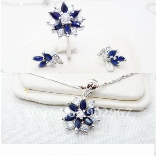Natural real sapphire flower jewelry set Free shipping 1pair earring 1pc ring 1pc pendant 925 sterling silver 0.13ct*18pcs gems