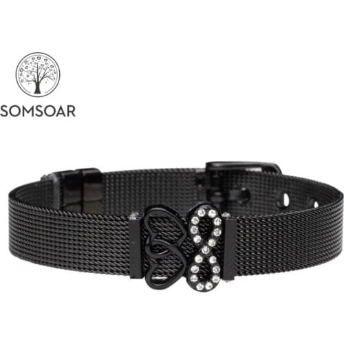Somsoar Jewelry Forever In Love Mesh Bracelet Set Stainless steel Bangle with Black Mesh Bracelet and Black infinity Love Charms