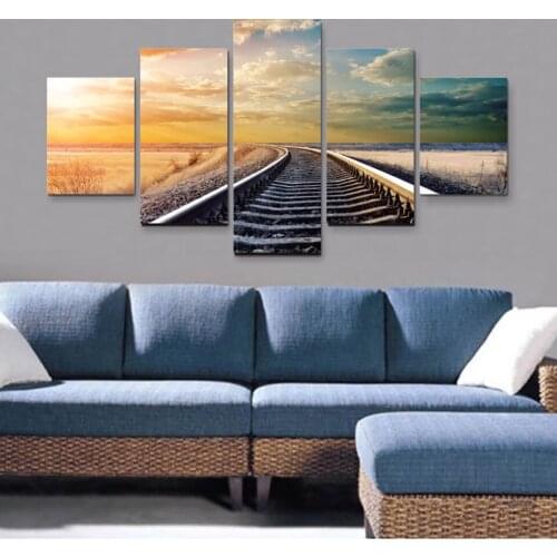Modern canvas living room 5 panel train track landscape painting wall art modular poster frame painting home decoration