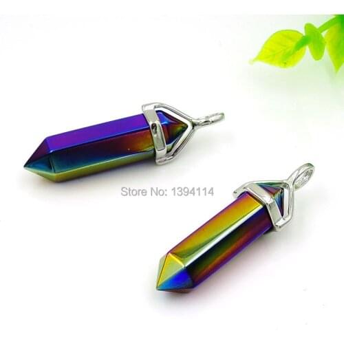 Titanium Rainbow Agat e Points Pendants Hexagon Pillar Glued Copper Cap Of Plating Platina And Gold Approx 40*10 mm