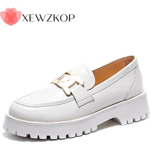 Women Loafer Shoes 2021 Spring British Style Genuine Leather Ladies Oxford Shoes Metal Buckle Casual School Sneakers Work Daily