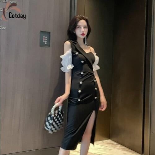 Cotday Off Shoulder Double-breasted Sexy 2021 New Elegant Hepburn Style Split Slim Evening Prom Bodycon For Woman Dress