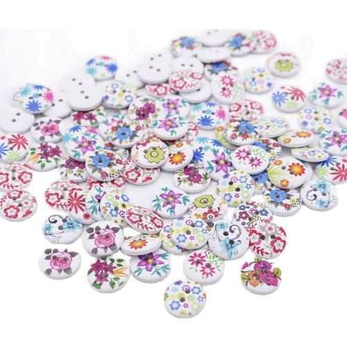 100 Pieces/lot Printing Flowers Wooden Buttons For Sewing Craft Randomly Mixed 2 Holes 1.5CM Botones Wholesales