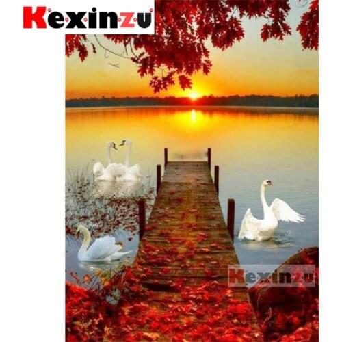Kexinzu 5D DIY Full Square/Round Diamond Painting"Sunset Trestle Swan Lake"3D Embroidery handcraft work Cross Stitch Home Decor