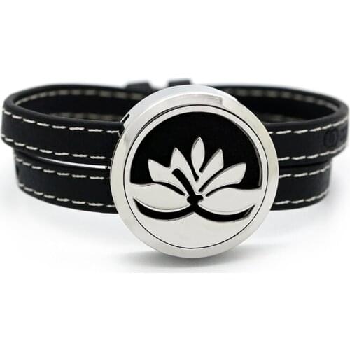 BOFEE Lotus Aromatherapy Essential Oil Diffuser Locket Bracelet Screw 316 Stainless Steel Fashion Leather Wrap Bracelet 30MM