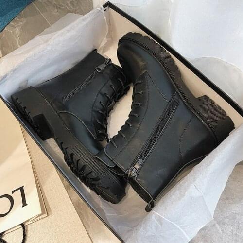 Genuine Leather Motorcycle Womens Boots Winter Shoes Zipper Black Platform Female Ankle Boots Lace Up Botas Mujer Zapatos ME4