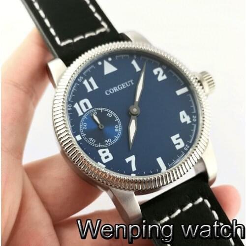 CORGEUT 46mm mens classic luxury watch silver case blue dial luminous asia 6497 hand winding movement mens wristwatch