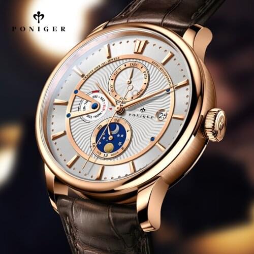 PONIGER Sapphire Glass Waterproof Men Watches Luxury Mens Automatic Mechanical Watch Multi Function Date Calendar Clock
