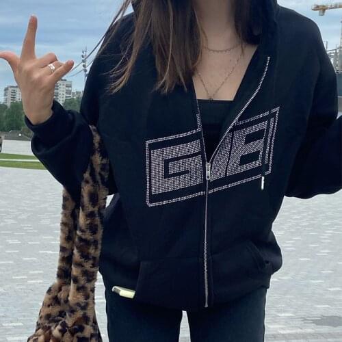 Grunge Rhinestone Letter Print Black Jacket Coat Hip-hop Hoodie Harajuku Man Zipper Hoodies Punk Men & Women Hooded Sweatshirts